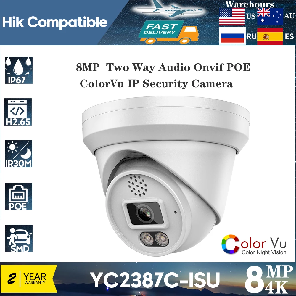 Hikvision Compatible 4K 8MP ColorVu IP Camera 2-way Audio Sound and Light Alarm SD Card slot Plug&Play HIK NVR P2P Remote