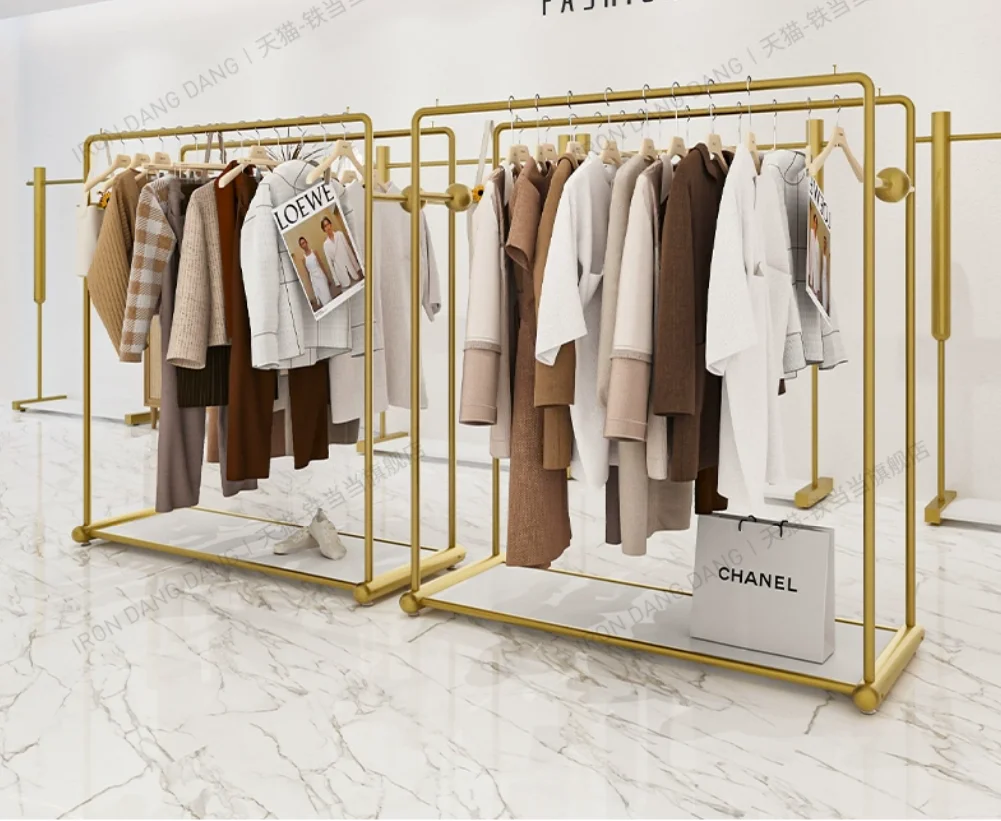 

Clothing store dedicated double row clothing display rack, high-end golden shelf, women's clothing store display rack