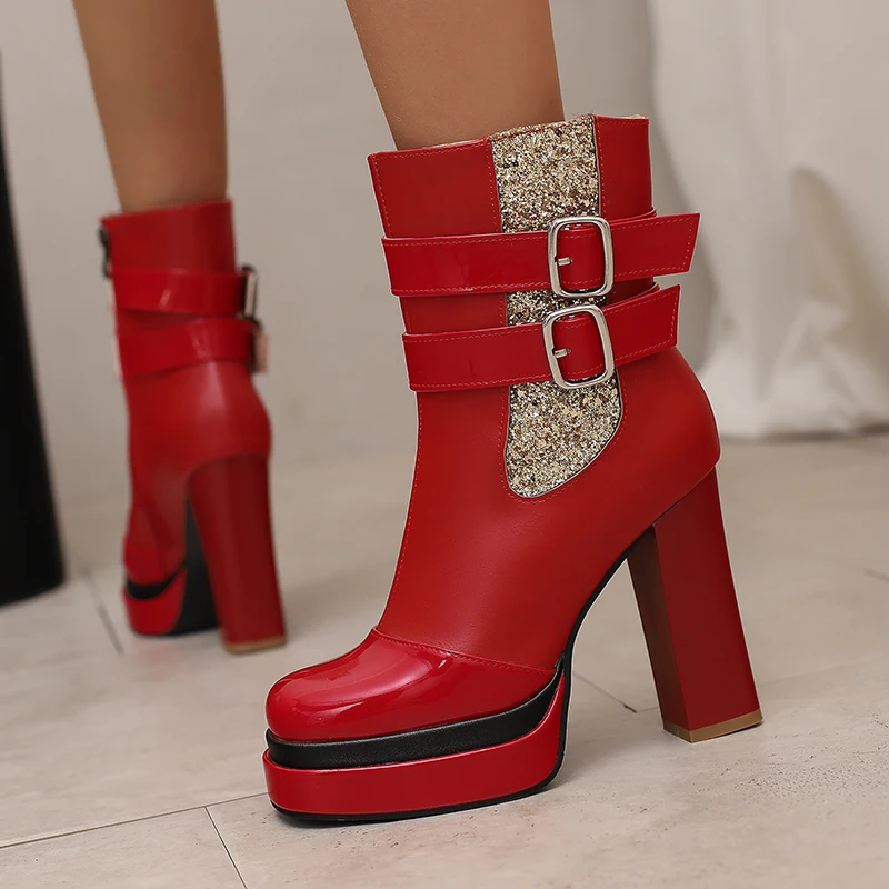 

Сапоги до середины икры из лакированной кожи с инкрустацией блестками на очень толстом каблуке и молнии, двухрядные ботинки до середины икры на высокой платформе с металлической пряжкой