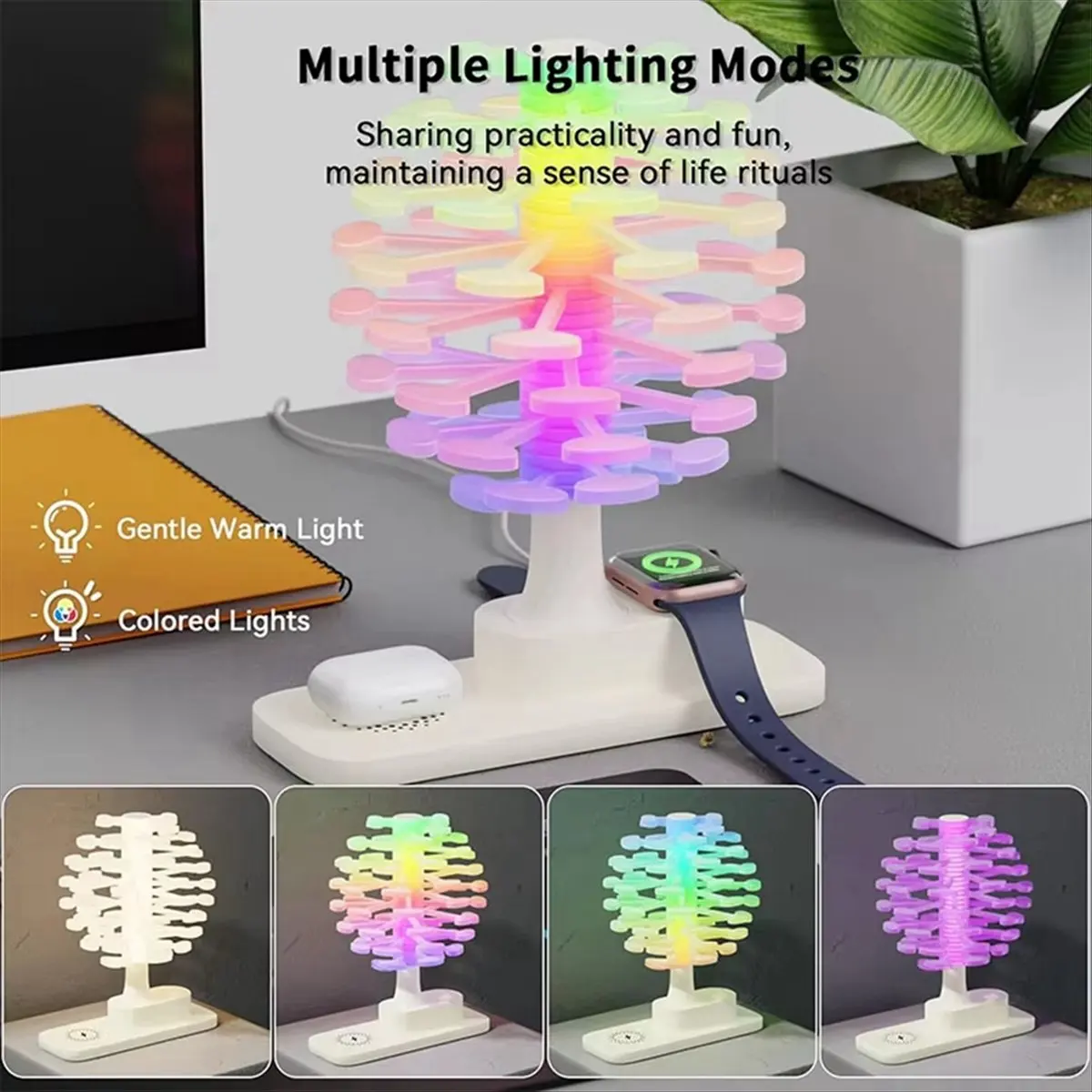 Nices 3in1 RGB Spiral Tree Table Lamp Dimmable Night Light with Wireless Charger for Phone Watch Touch Control USB Powered