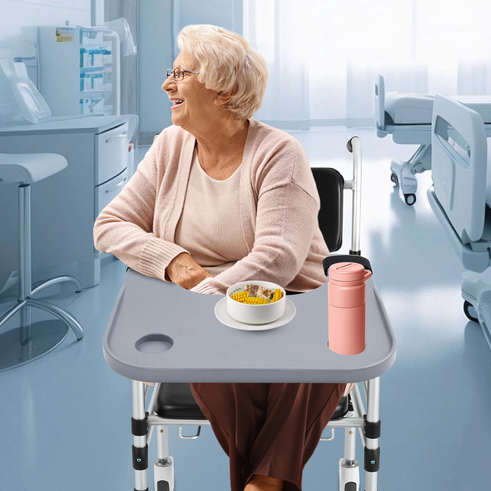 

Multipurpose Wheelchair Bed Tray, Adjustable Overbed Table With Cup Holder, For Eating Reading Writing Laptop，Easy to Install