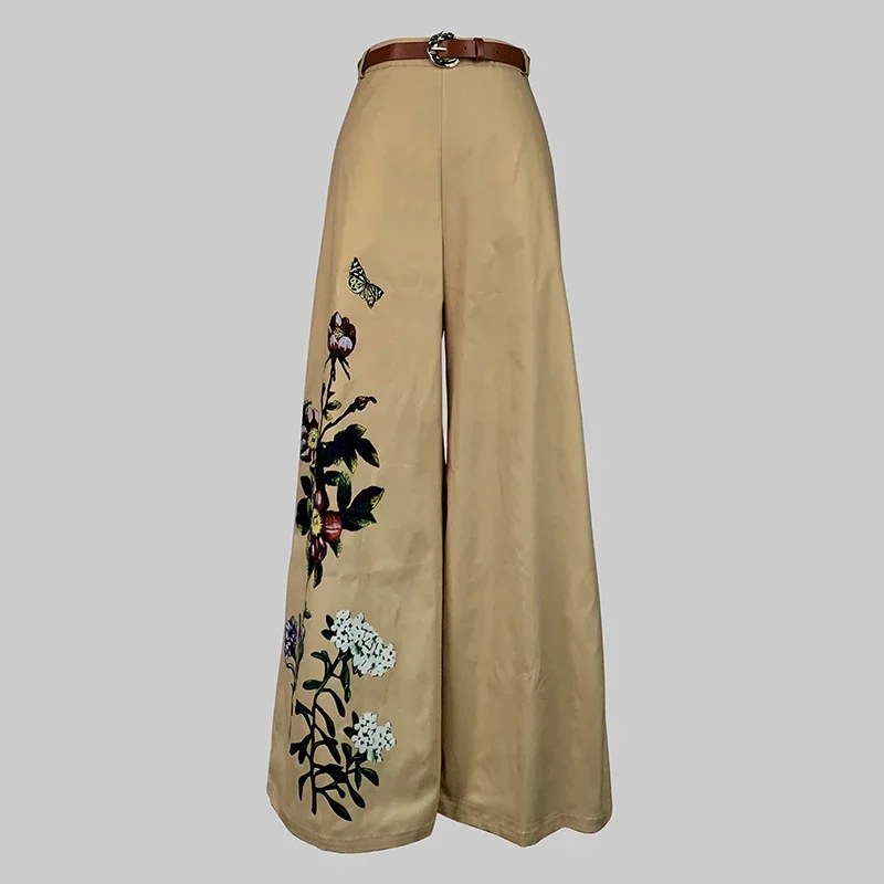 Beautyblue Khaki Flower Print Pants Wide Leg Trousers Belted Elasticity High Waisted Pockets Elegant Clothing Harajuku Female