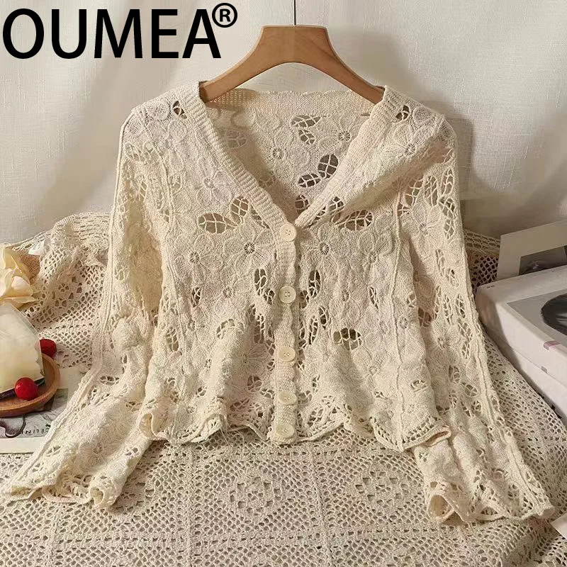 OUMEA Women Crochet Sweater Cardigans Knitting Floral V Neck Beach Cotton Cover Ups Boho Solid Color Long Sleeve Tops