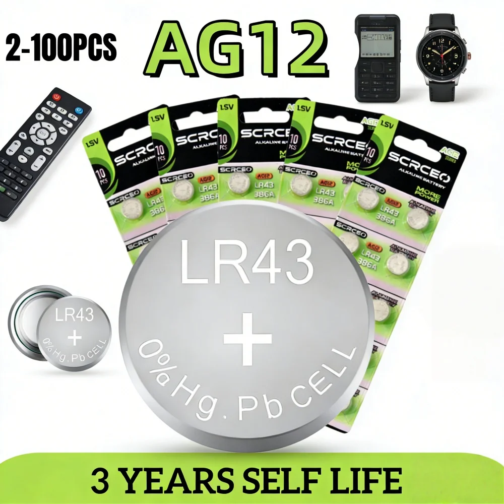 2-100PCS LR43 AG12 1.5V Button Battery, Also SR43/386A, Lithium Manganese Dioxide for Calculators, Watches