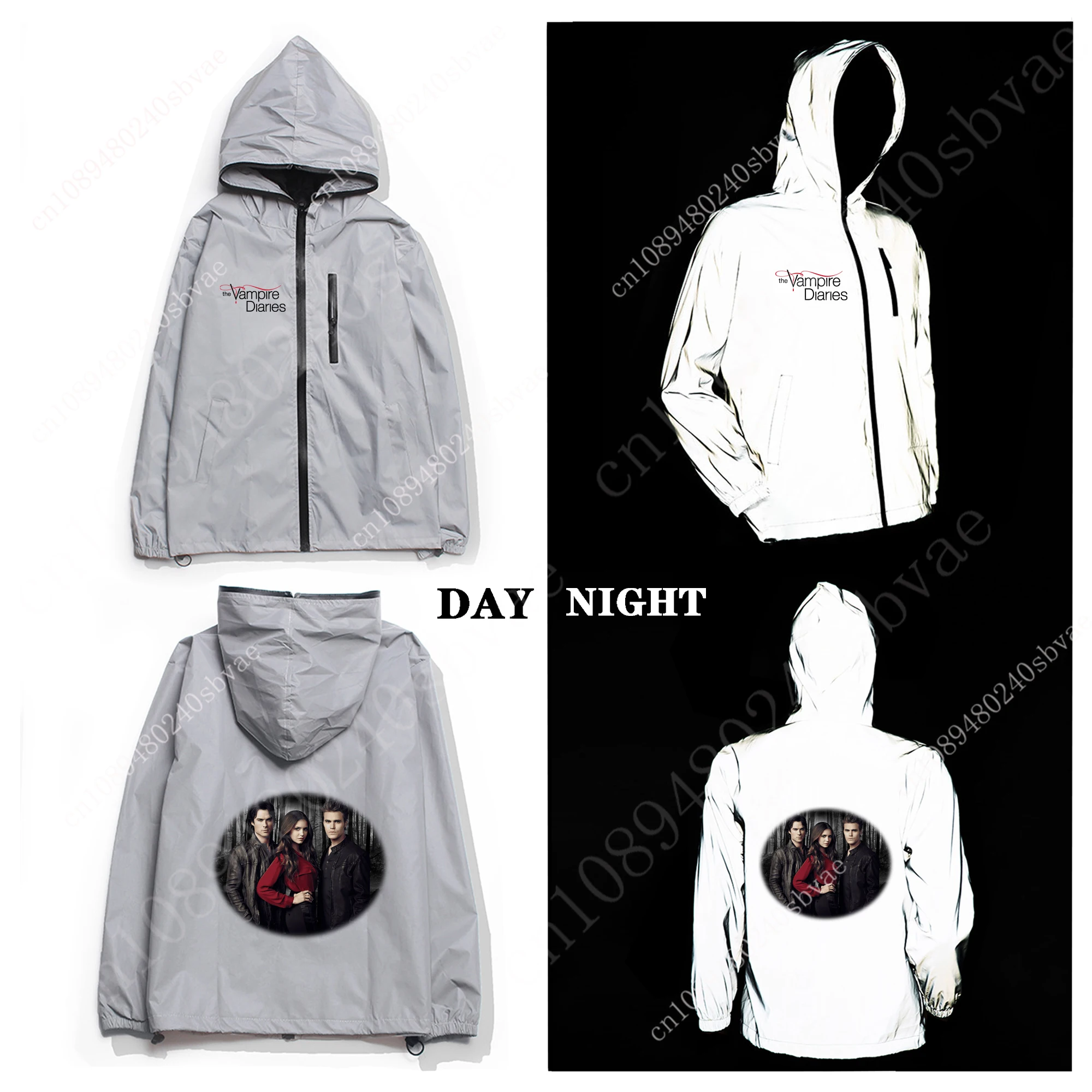 

The Vampire Diaries Damon Salvatore Reflective Jacket Mens Womens Coat Hooded Windbreaker Runing Pocket Jackets Custom Hoodie