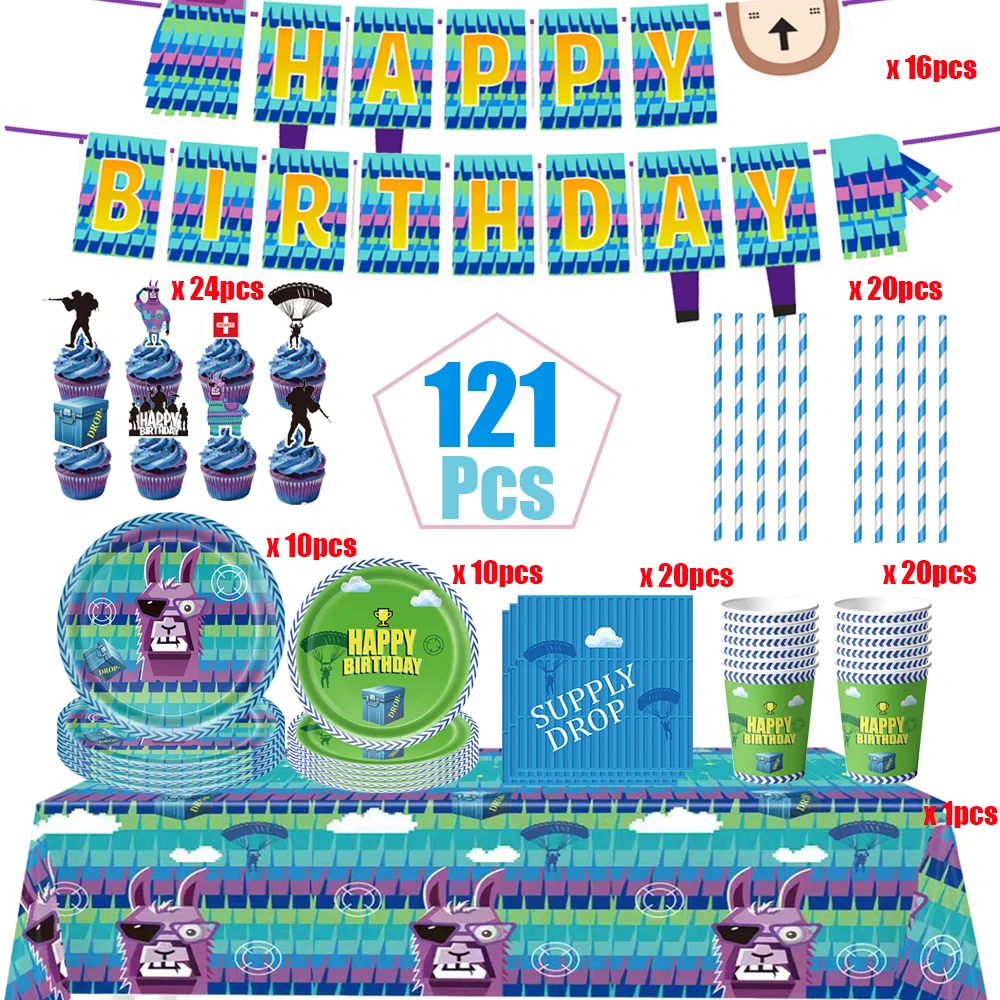 Shooting Game Fortnition Birthday Party Decoration Alpaca Tablecloth Cup Plate Napkin Baby Shower Number Party Favors Supplies view 3
