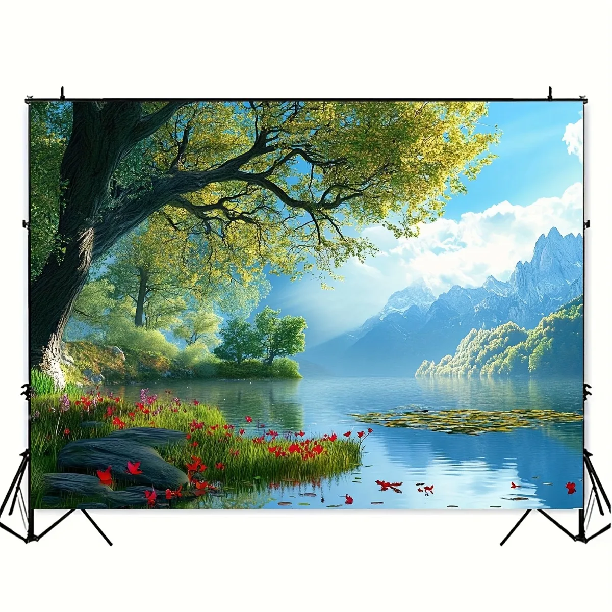 1pc serene lake mountain landscape tapestry tranquil nature scenery tree flowers reflection