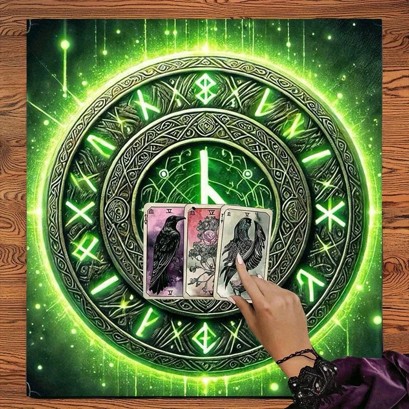 VIKAMA Tarot Tablecloth Green Glowing Runes Waterproof and Stain-Resistant Divination Meditation Altar Cloth Ritual Decoration