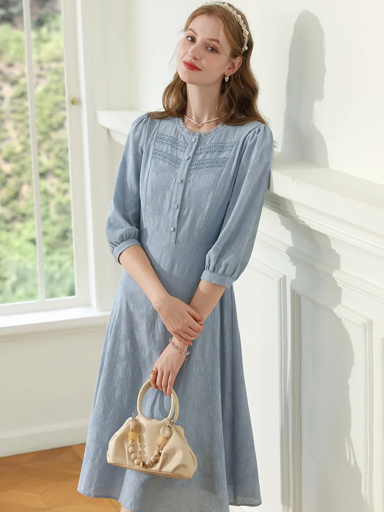 I BELIEVE YOU Blue French Dresses For Women Lace Collar Seven Lantern Sleeve Cotton 2024 Spring New A-line Lady Dress 2241095561