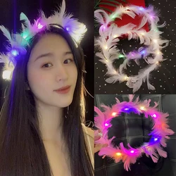 LED Feather Wreath Crown Headband for Women, Light-Up Angel Halo Headband, Luminous Headdress for Girls, Wedding, Christmas Glow