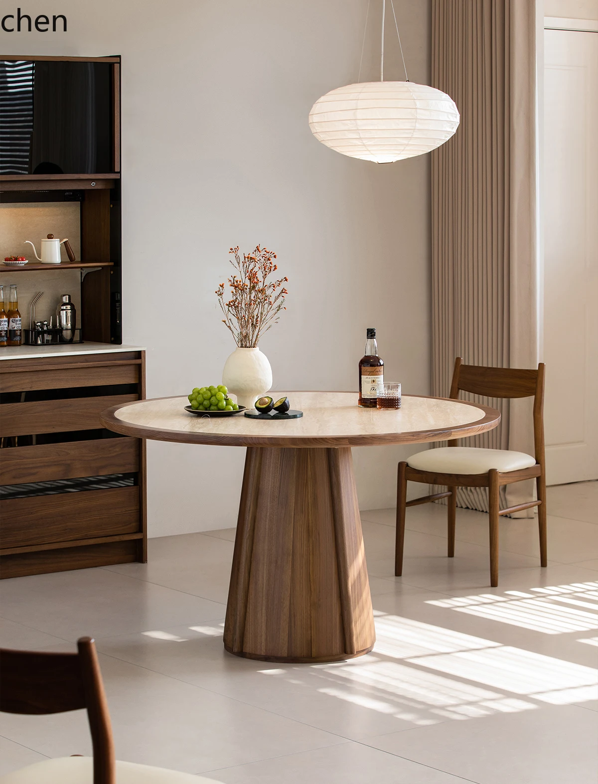 

LXC Furniture Travertine Slate Round Dining Table Black Walnut Household Small Unit Dining Table Round Table