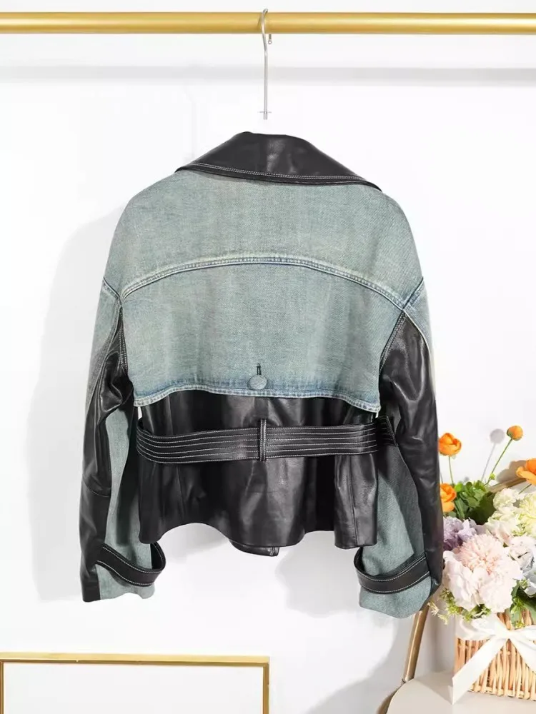 Double Breasted Women Denim Genuine Leather Jacket Spring Autumn Streetwear Long Sleeve High Waist Belt Motorcycle Short Coat