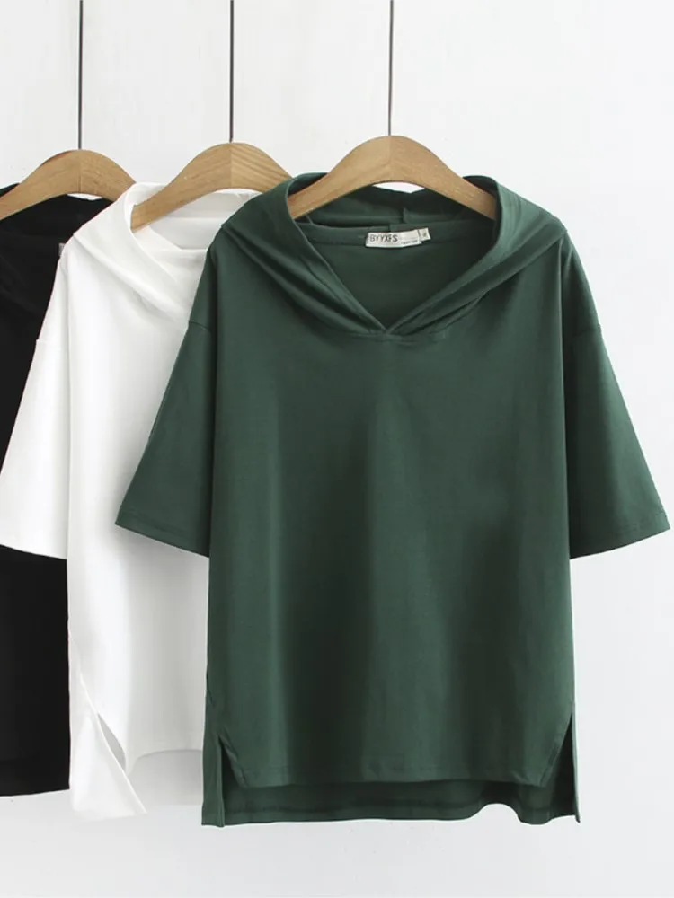 Women's Hooded Thin T-Shirt, Plus Size Summer Clothing, Short Sleeve Hoodies, Drop Shoulder Tops, Casual Fashion, Loose Tees