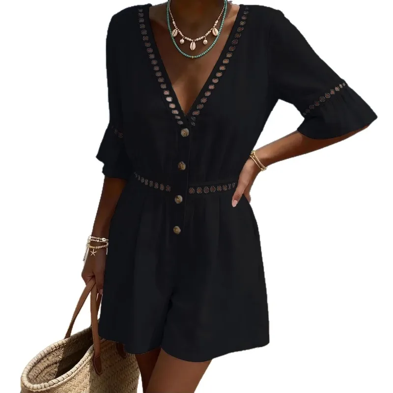

Cross-border European American Solid-color Pocket Casual Fashionable Women's Wear Amazon Vacon-style New V-neck Jumpsuit Shorts