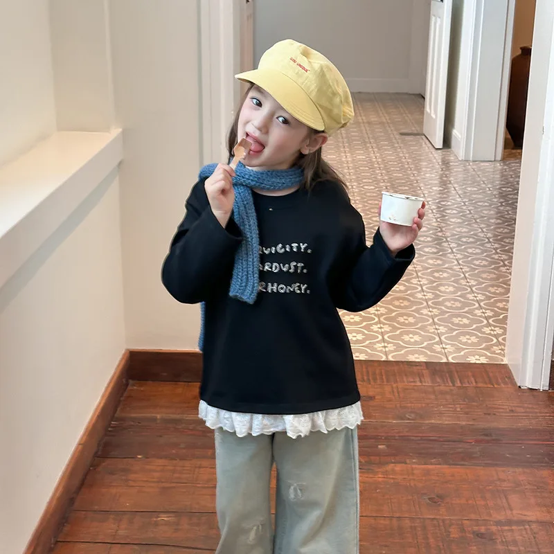 2025 Autumn Middle-aged Girl's Casual T-shirt Temperament Sweet Lace Patchwork Bottom Shirt Letter Top