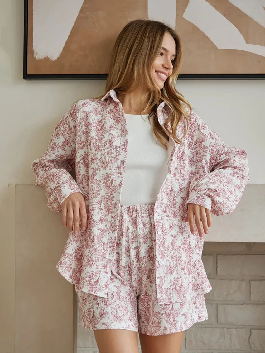 

Marthaqiqi Printing Winter Women Pajama Set Long Sleeve Sleepwear Turn-Down Collar Nightgown Shorts Cotton Ladies Nightwear Suit