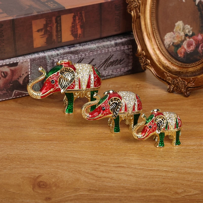 SHINNYGIFTS Hand Painted Enamel Hinged Elephant Trinket Box, Unique Mini Jewelry Organizer, Figurine Collectible Home Decor