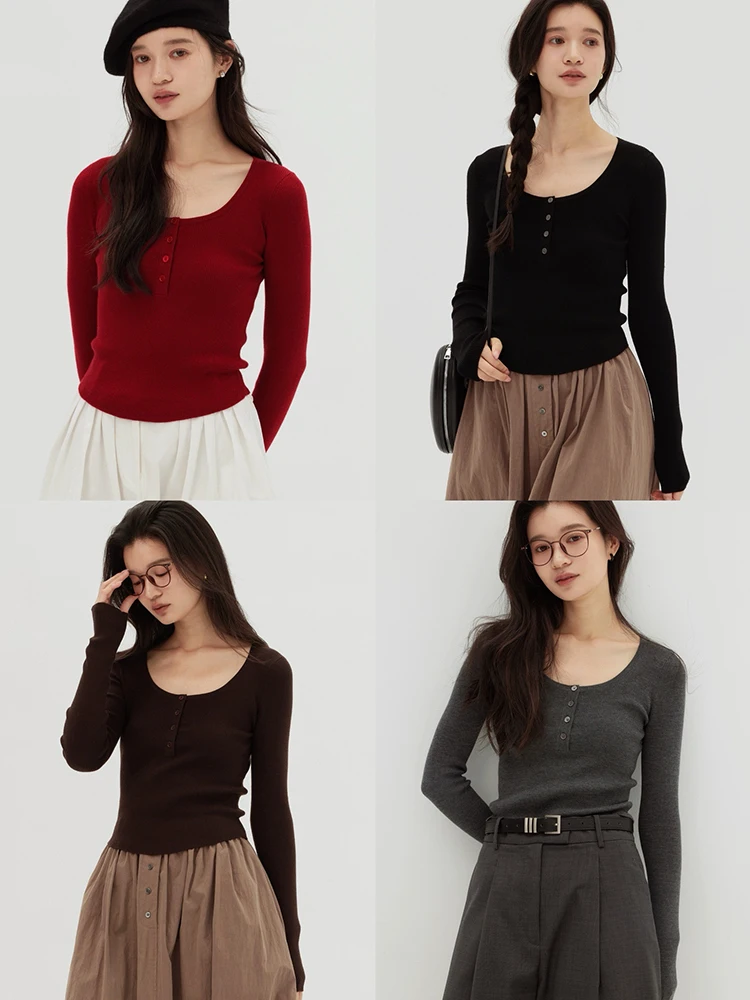 

Высокоэластичный шерстяной вязаный свитер с воротником Генри, теплая мягкая женская модная зимняя одежда в стиле ретро в американском стиле