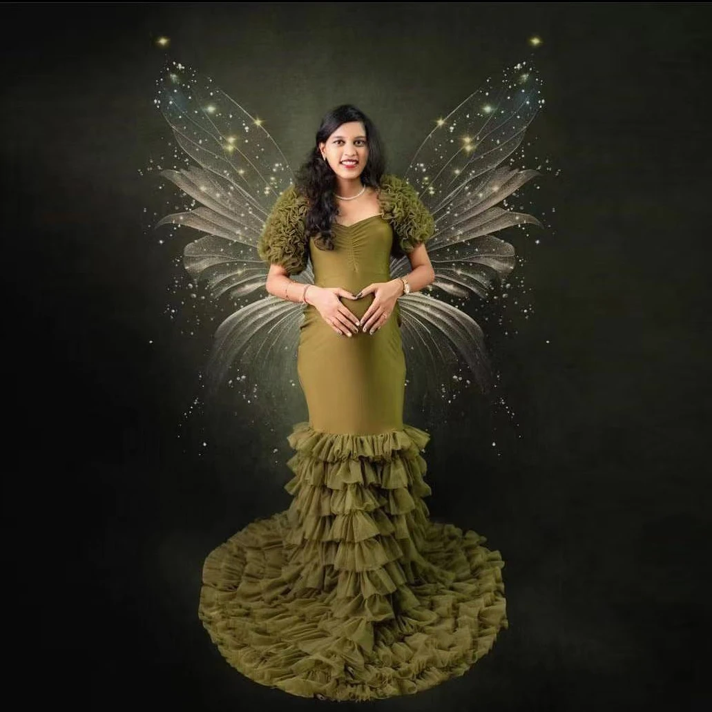 Vestido de maternidade de tule verde oliva com babados lindo vestido longo para grávidas mangas em camadas vestidos femininos sereia exuberante chá de bebê