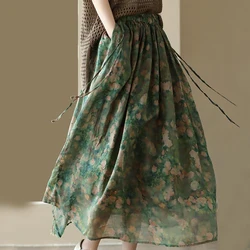 Vintage Printed Long Skirt Cotton Linen Floral Elasticated Waist Tie Skirts Summer Flowing Literary Artistic Forest Women' Skirt