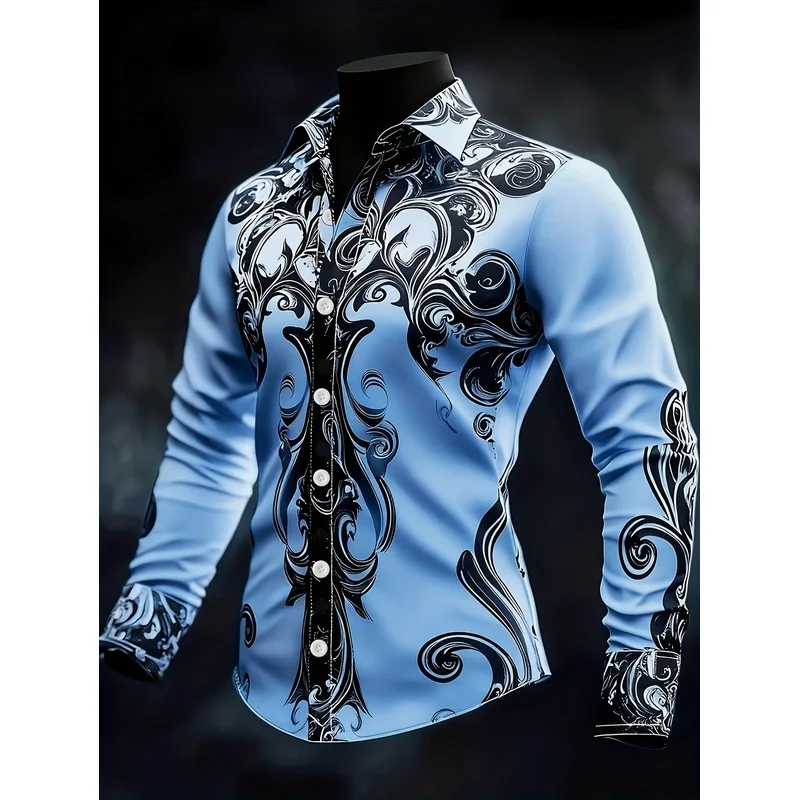 Men's Baroque Style Long Sleeve Shirt Black White Swirl Print Casual Party Night Out Fashion Men's Top