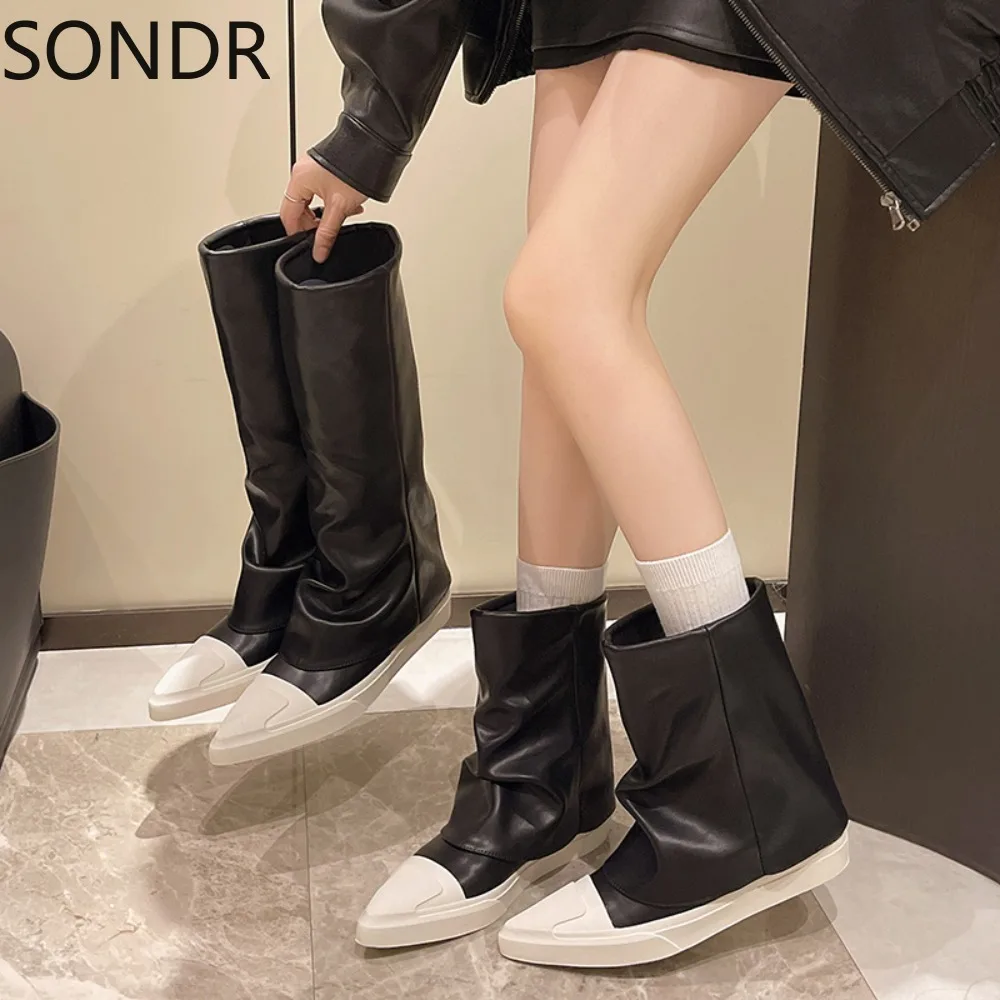 Womens Pointed Toe PU Knee Thigh Boots Flats Pull On Wide Tube Shoes Black White  2024 New 2024