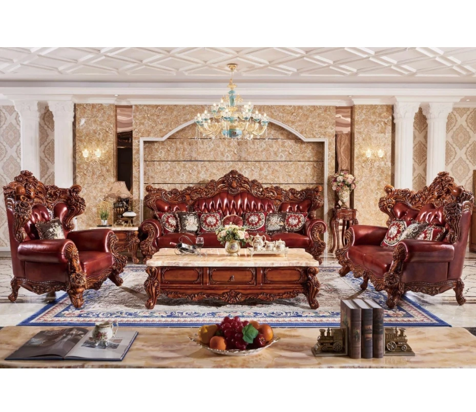 

*# European Luxurious Ancient Room Carved Solid Wood Frame Couch Furniture Royal Genuine Leather Upholstered 1 2 4 Seat Sofa