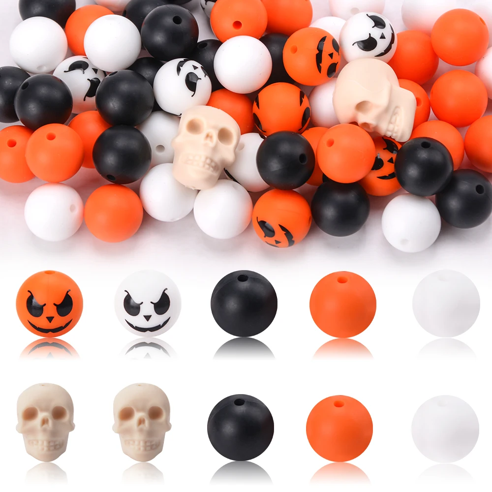 LOFCA 57Pcs Silicone 3D skull Ghost  Beads Halloween Jewelry Skeleton For Jewelry Making DIY Necklace Keychain Accessories