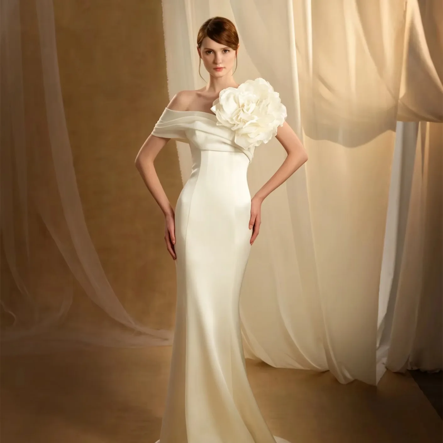 Dream Mermaid Satin Wedding Dress Off Shoulder 3D Flower Applique Cutout Back Pearl Button Floor Length Elegant Vestido De Noiva