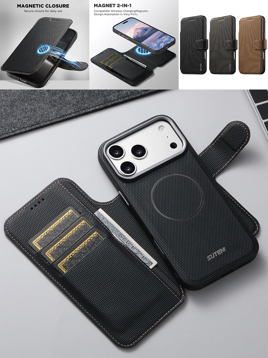 

Detachable Card Holder Wallet Phone Case for iPhone 17 Pro Max 16pro 15 14 13 Magnetic Charging Metal Lens Frame Leather Cover