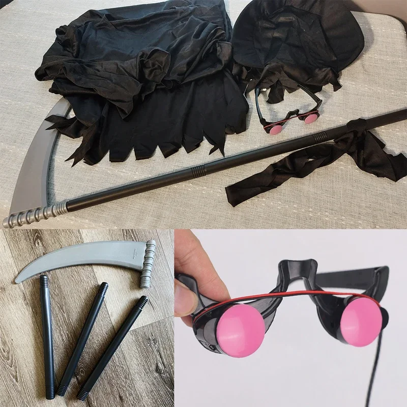 ZA01 Grim Reaper Хэллоуин жуткий костюм детский косплей халат со светящимися красными глазами коса смерти вечерние страшная одеждаZa0@