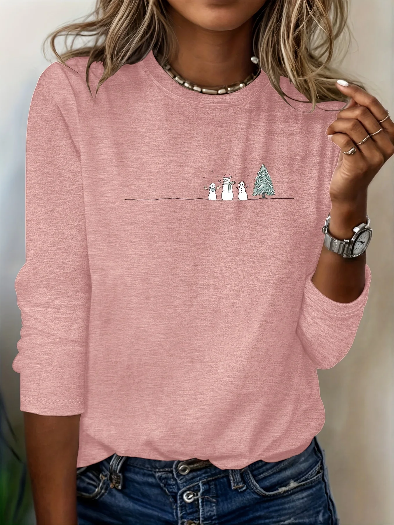 

2025 New Women's Christmas Snowman Print T-shirt, Long-sleeved Round Neck Casual Top, Suitable for Spring and Autumn