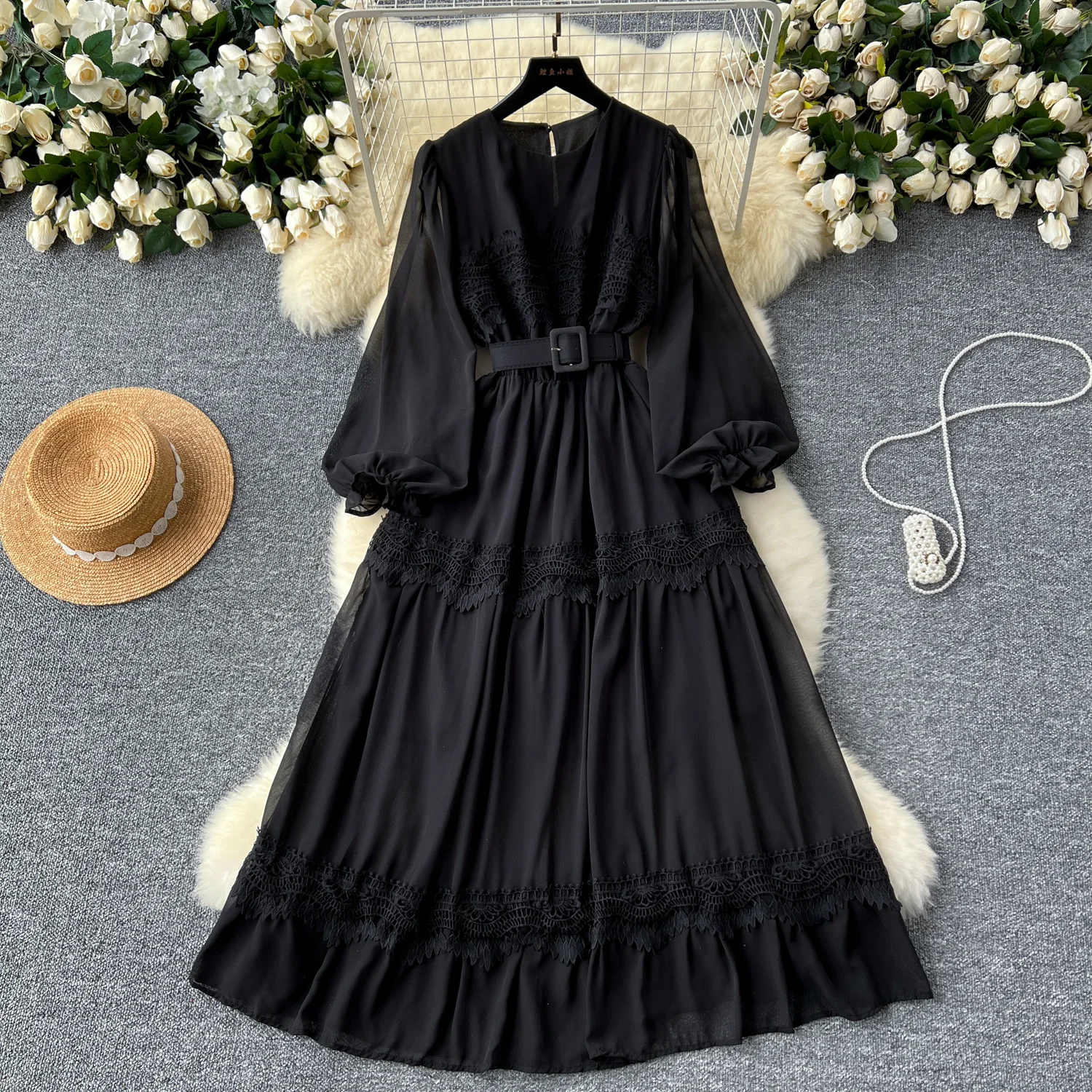 French o neck cut out lace PATCHWORK Lantern Sleeve korean fashion dress women\'s summer waist sweet dresses