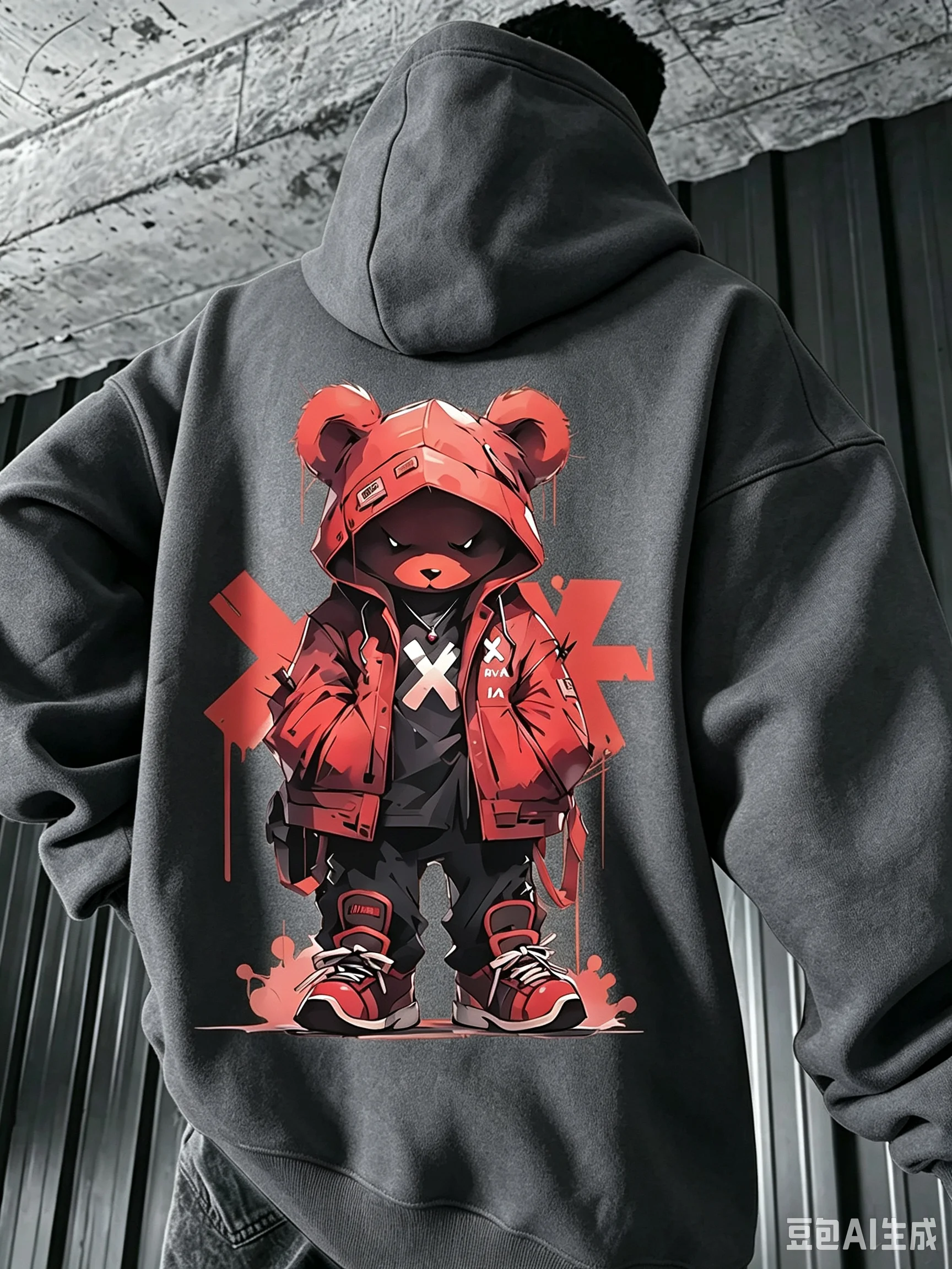 Herren-Hoodie mit Schwarzer OG-Bären-Grafik, Rotem X-Design und Drip-Effekt, Streetwear-Pullover für Urbane Mode – Detail 4