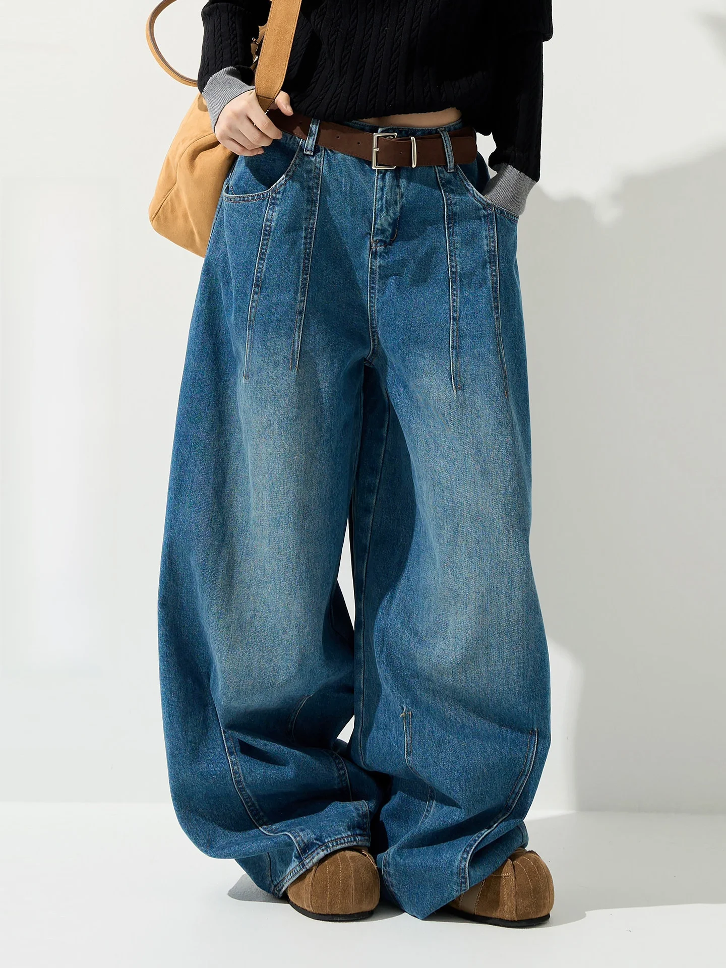 

Женские джинсы с высокой талией, широкими штанинами и прямым кроем, осенне-зимние, в корейском стиле, свободные, в пол, из денима