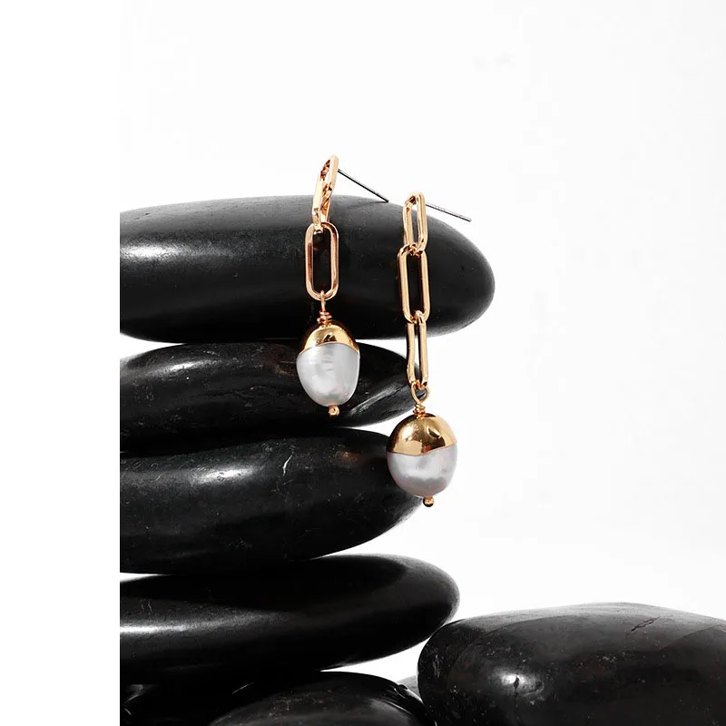 Brass Stuning Linked Real Natural Pearl Earrings Women Jewelry Punk Party T Show Gown Runway Trendy  Korean Japan Israel