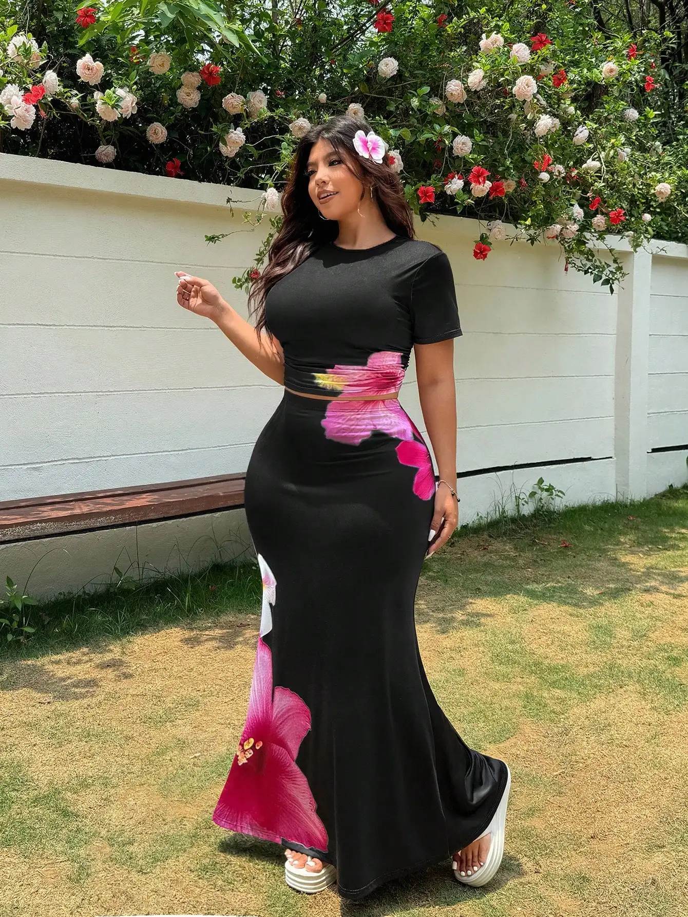 

Женский комплект из двух предметов для отпуска с цветочным принтом, пляжное платье для клуба, летний наряд для женщин больших размеров