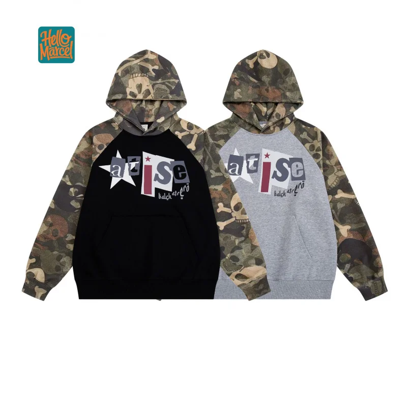 HELLOMARCEL Retro Camouflage Letter Print Raglan Sleeve Color-Blocking Hoodie For Men Women Autumn Casual Loose Fit Hoodie