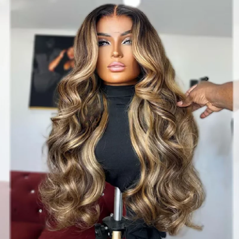 Glueless Soft 26Inch 180Density Highlight Blond Wave 5x5 Silk Base Preplucked Jewish Human BabyHair HD Lace Wig European Hair