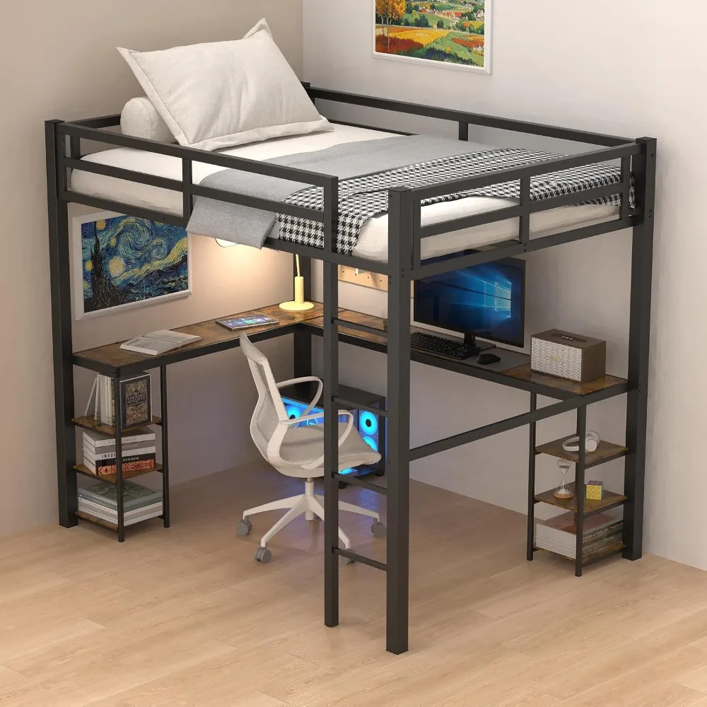 

Full Size Loft Bed with Desk & Open Shelves, Heavy Duty Metal Bed Frame with Safety Guardrails & Ladder, Loft Beds with Vintage