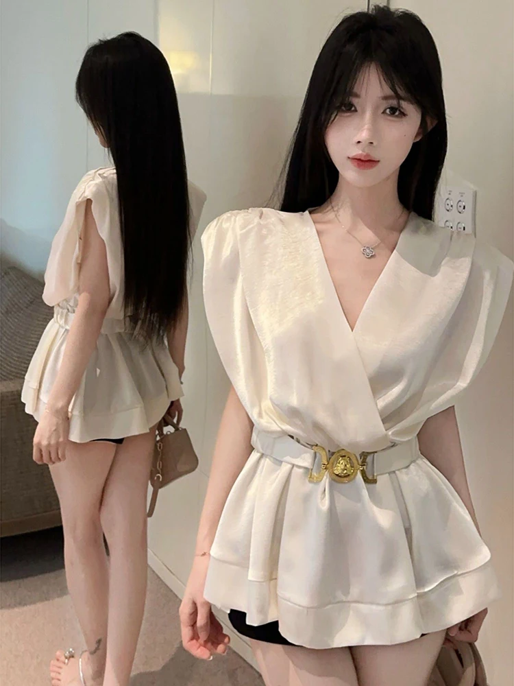 Socialite style V-neck waist cinched shirt women summer niche unique design commute temperament slim fit sleeveless top