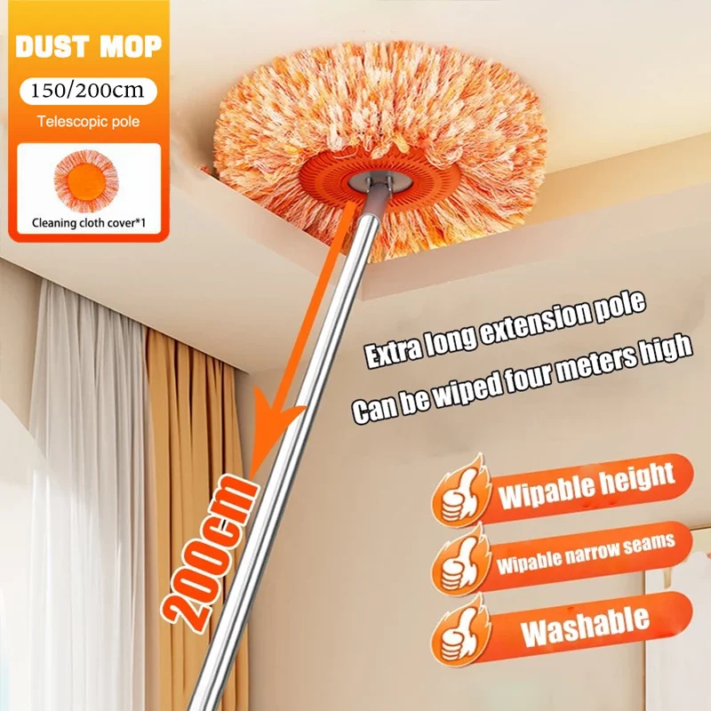 Mop para Limpeza de Teto 1.5/2M com Rotação 360° °   Cabeça Rotativa para Limpeza de Paredes, Pisos, Azulejos, Janelas e Carros