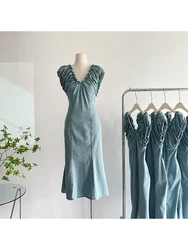 Estate Vintage Drappeggiato Design Denim Cami Abiti Donna 2023 Midi Scollo a V Abiti lunghi Festa da sera Senza maniche Abbigliamento intero