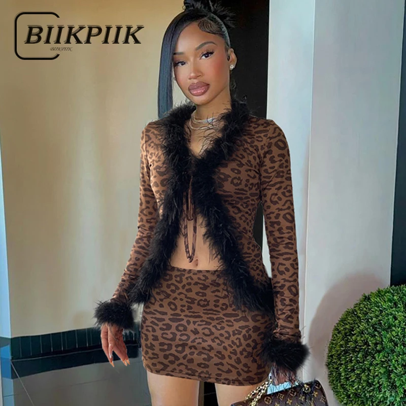 

BIIKPIIK Fur Patchwork Leopard Sexy Skirts Sets For Ladies Fashion Club Two Piece Sets Autumn Winter Skinny Suits Midnight Party