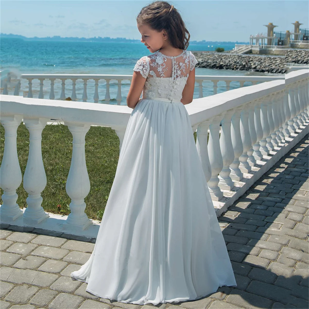 Spitzen applikation Chiffon Blumen mädchen Kleider mit Schleife Perlen Kristall Schnür applikation Ballkleid Erstkommunion Kleid für Mädchen cus