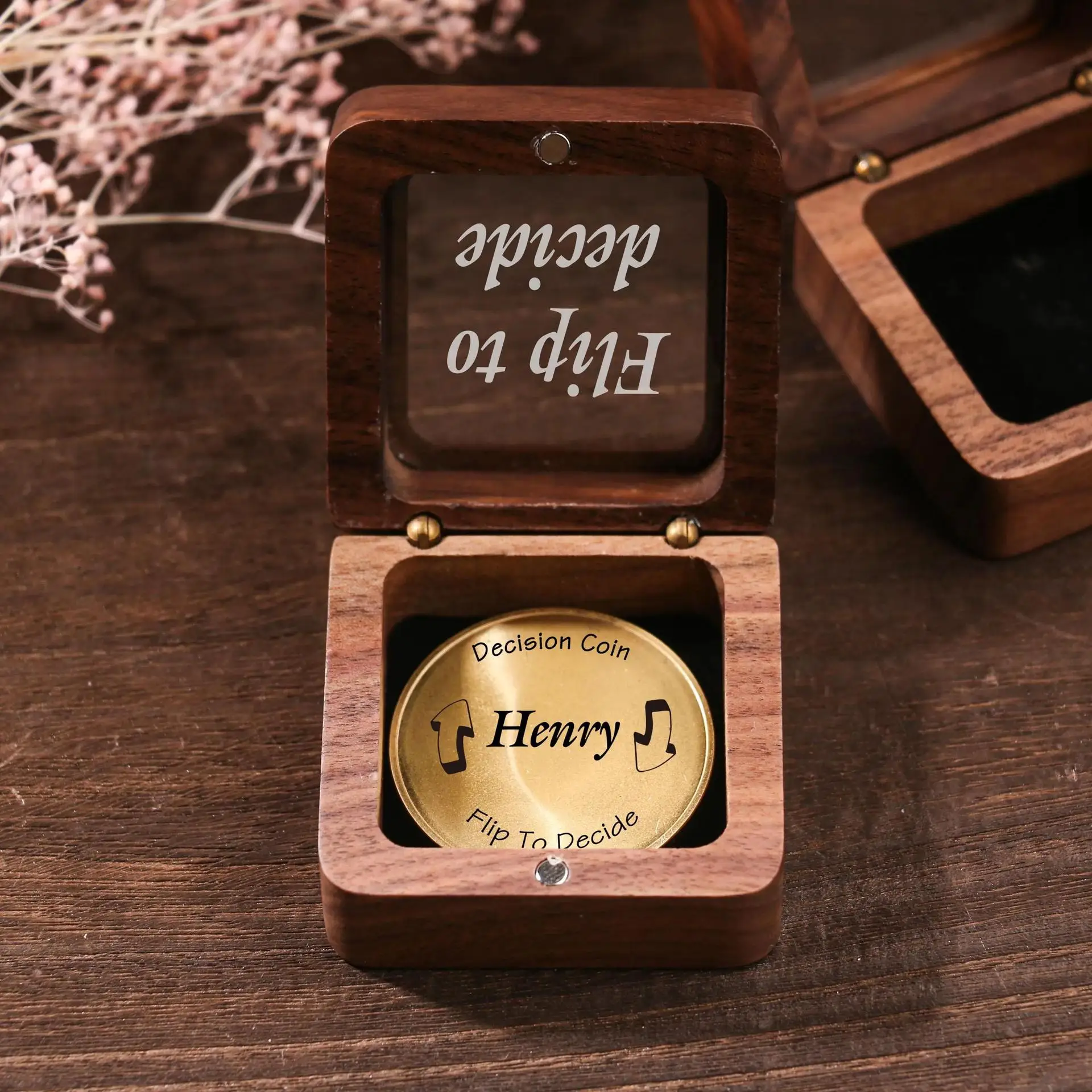 

Personalized Engraved Name Decision Coin with Wooden Box, Custom Flip Coin for Couples, Decision Maker Coin Anniversary Gift