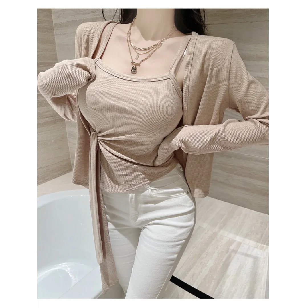 Autumn Winter Pure Desire Style Women's Slim Fit Two-Piece Set Belted Strap Vest Open Cardigan Trendy Commute Style Fashion