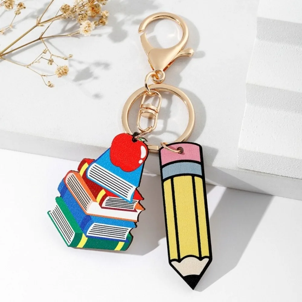 

Wooden Pencil Rainbow Keychain Geometric Shape Charm Teacher's Day Keychain Trinket English Letter Teacher Education Pendant