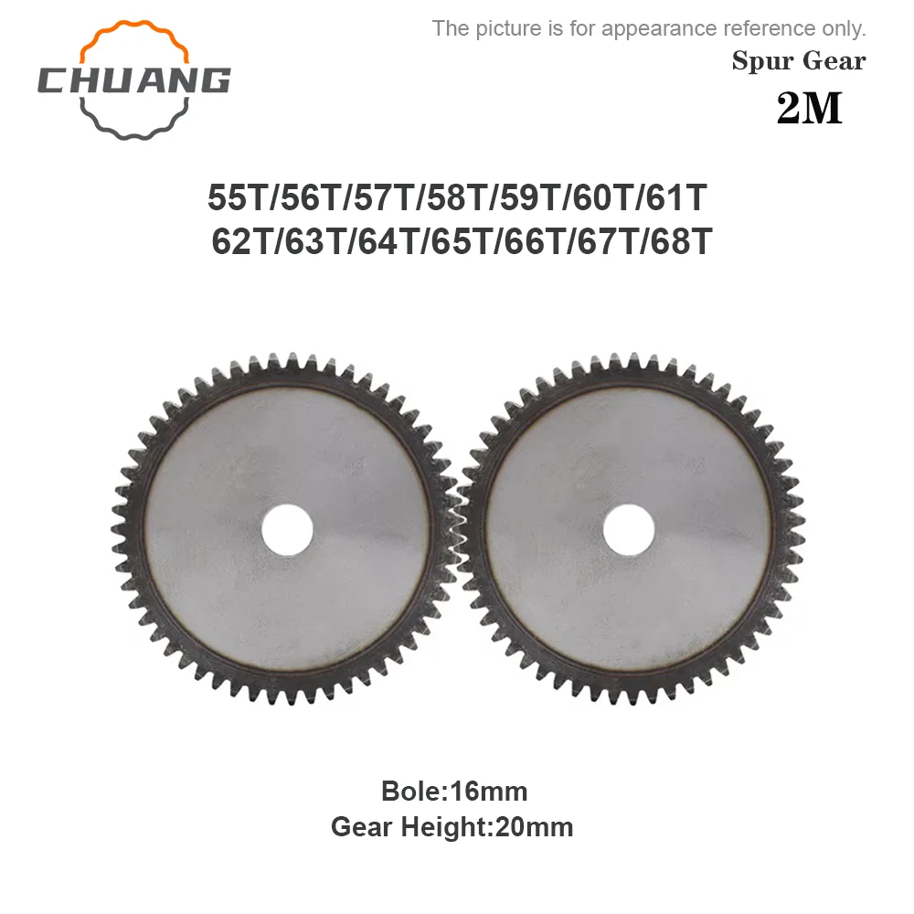 2 M Spur Gear 55/56/57/58/59/60/61/62/63/64/65/66/67/68T SC45# Carbon Steel Material Cylindrical Gear Transmission Accessories