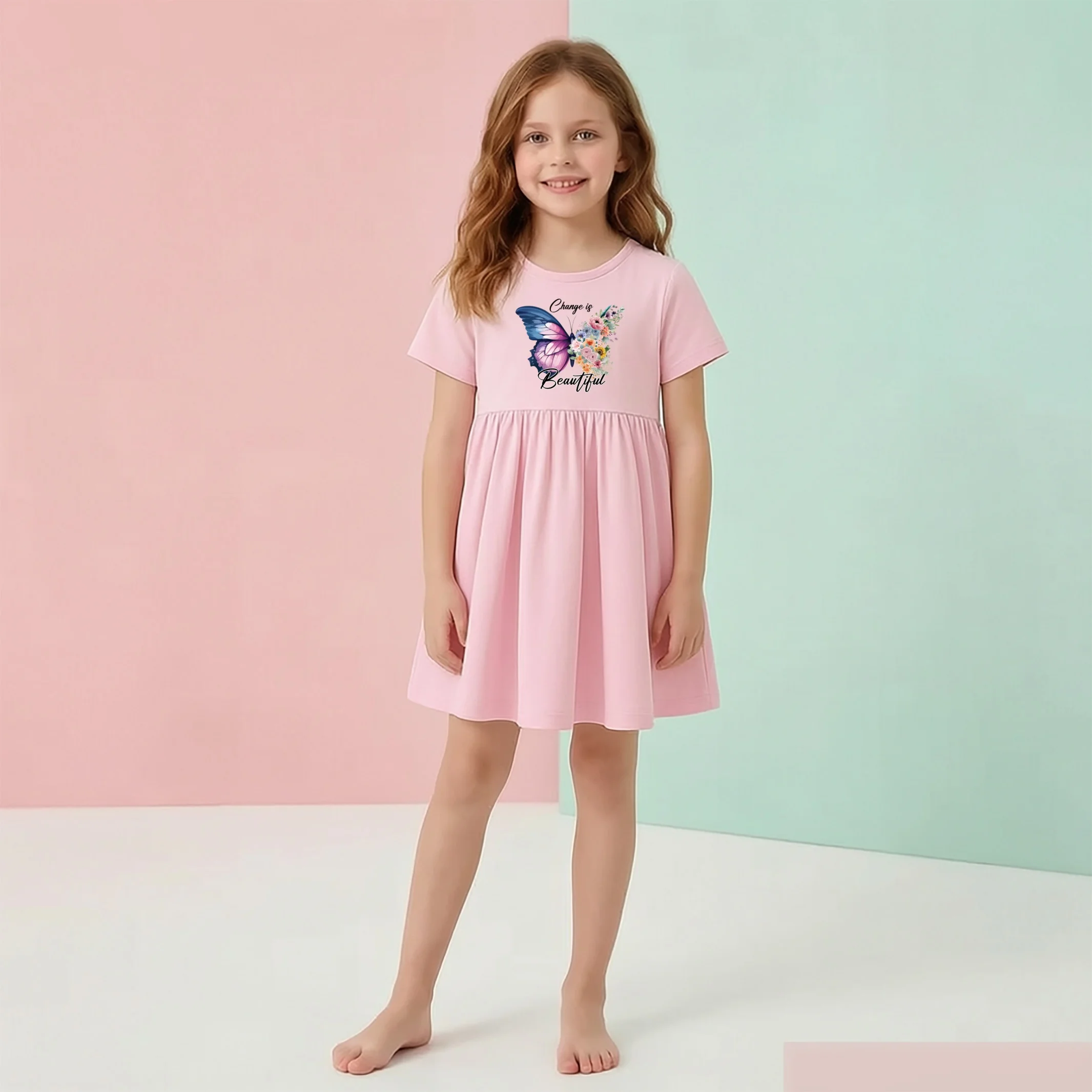 Fashion Butterfly Dress for Toddler Girls Short Sleeved Casual Clothing Pink Purple 2-Color Cotton Dress